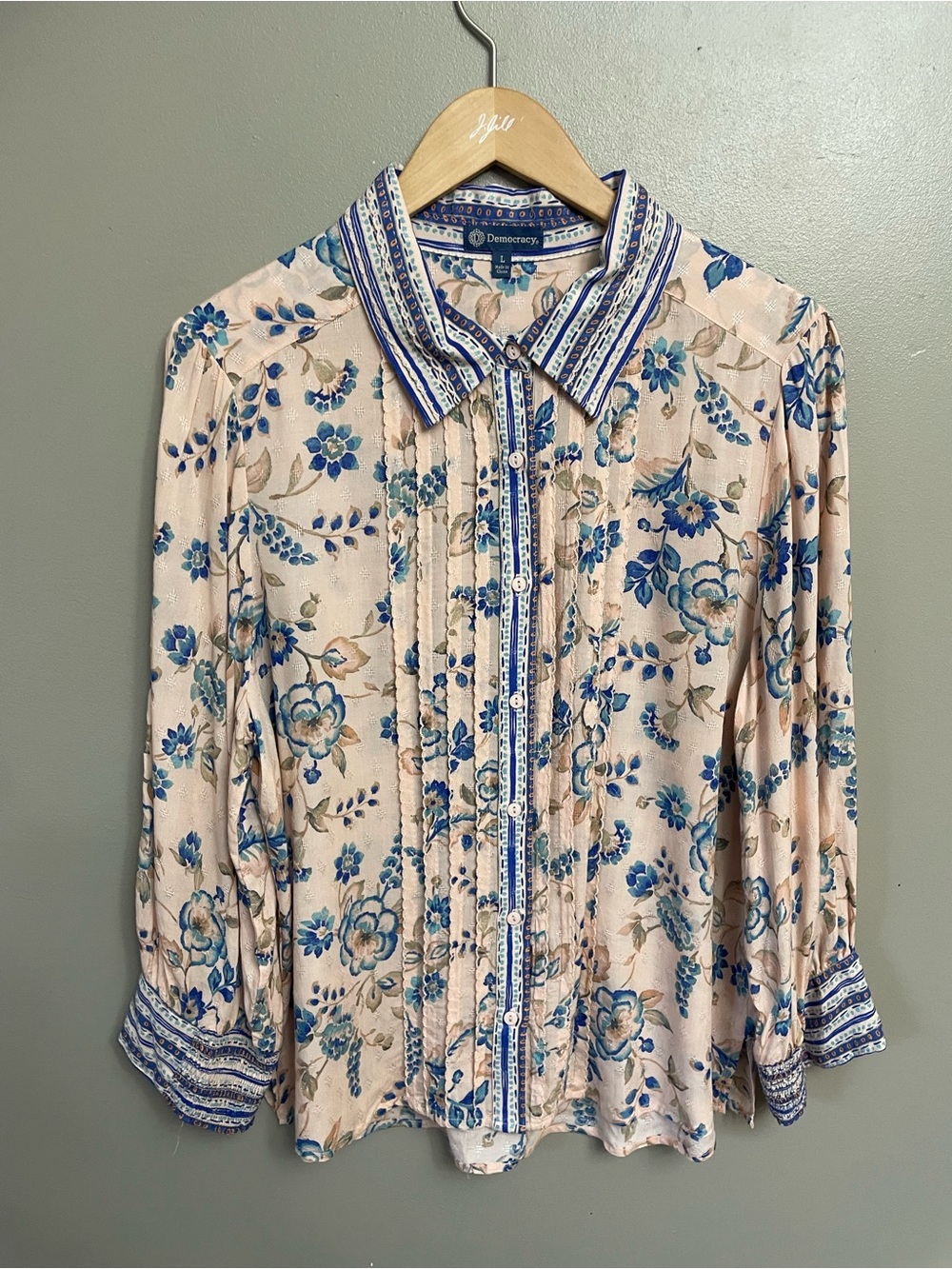 Floral Bohemiam Flowy Peasant Blouse Button Front Pintuck Top Rayon Women large